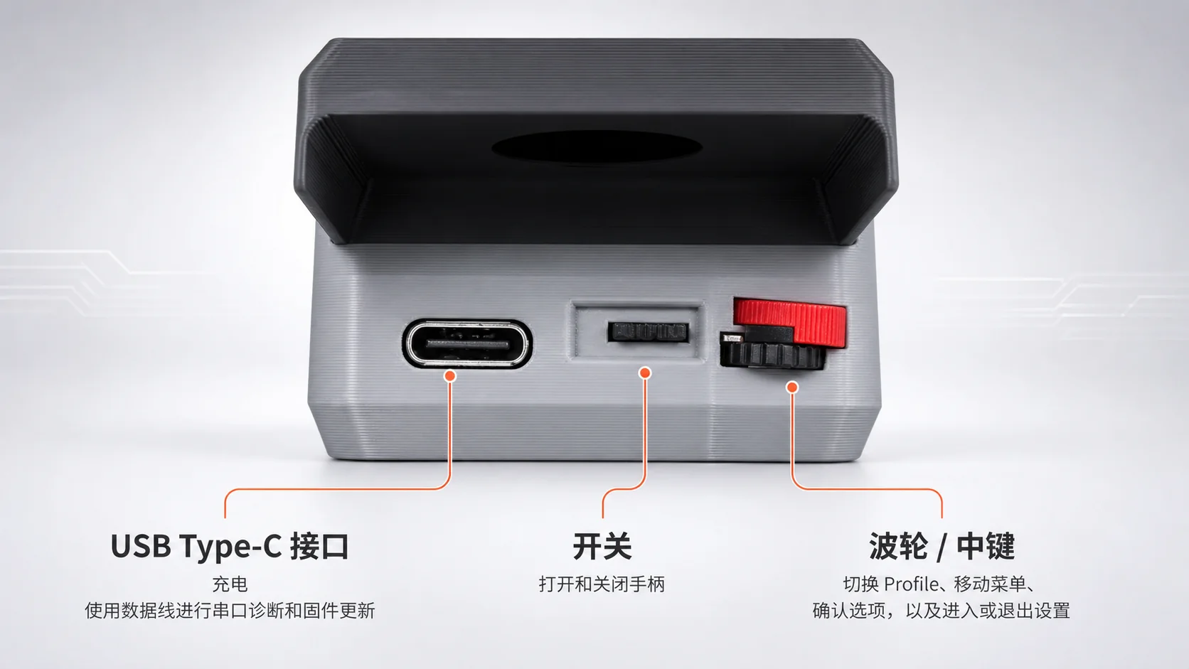 苍虬手柄 Type-C 接口、开关、波轮和中键说明